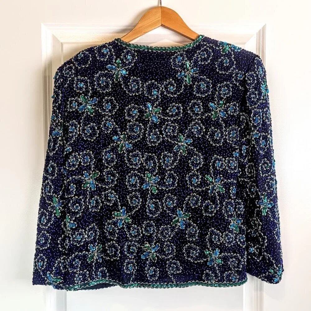 Vintage Papell Boutique Evening Black Blue Teal Beaded Sequin Jacket